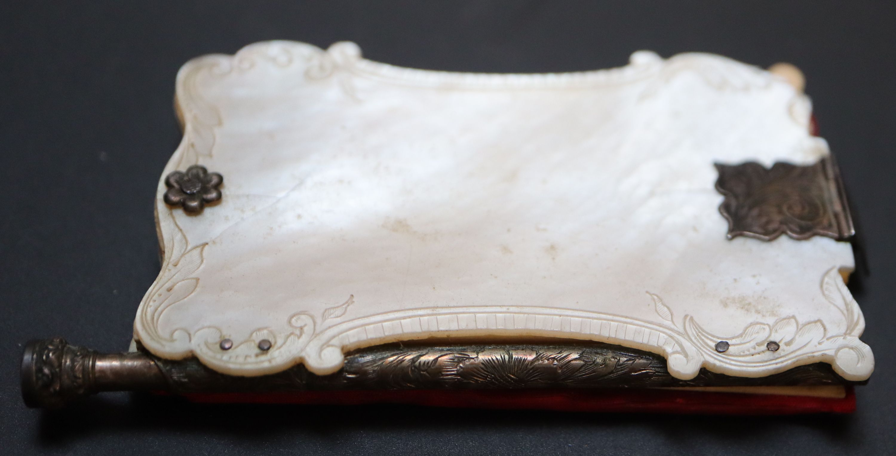 Six 19th century Palais Royale mother of pearl mounted dance cards and note cases largest 9cm